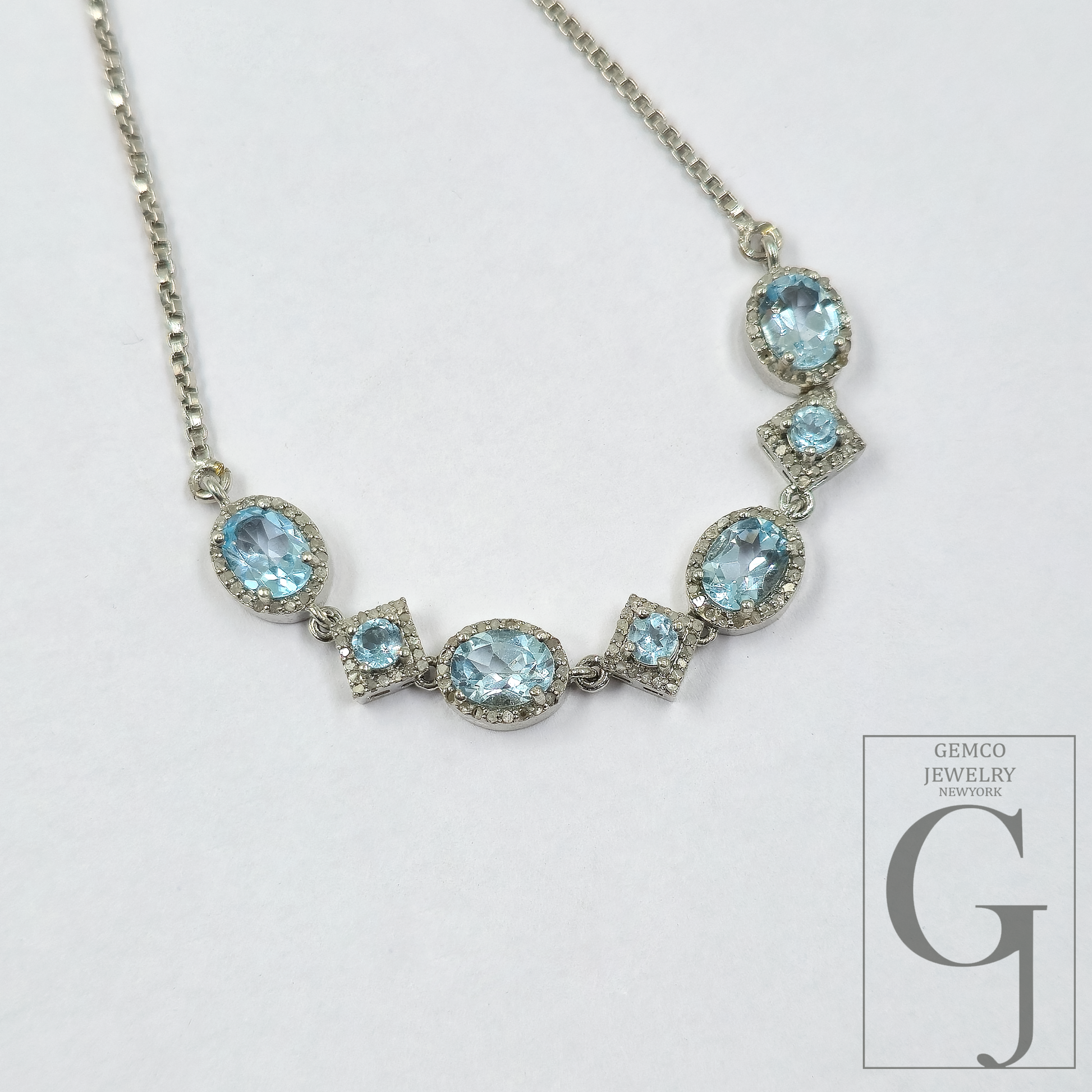 Beautiful Blue Topaz Necklace With Pave Diamonds - Sterling Silver Handmade Finish Jewelry For Her