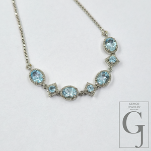 Beautiful Blue Topaz Necklace With Pave Diamonds - Sterling Silver Handmade Finish Jewelry For Her