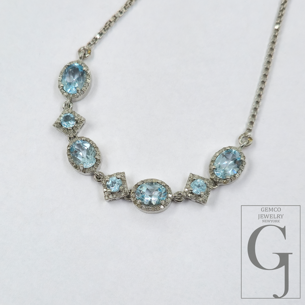 Beautiful Blue Topaz Necklace With Pave Diamonds - Sterling Silver Handmade Finish Jewelry For Her