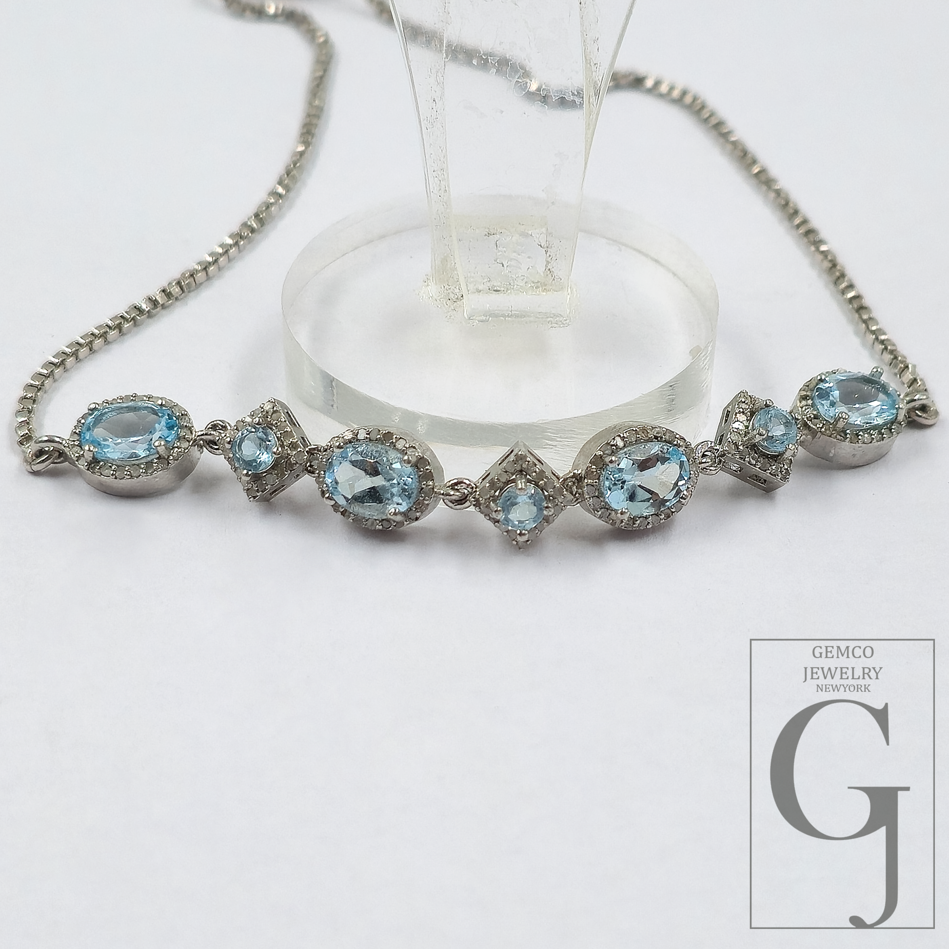 Beautiful Blue Topaz Necklace With Pave Diamonds - Sterling Silver Handmade Finish Jewelry For Her