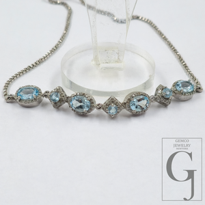 Beautiful Blue Topaz Necklace With Pave Diamonds - Sterling Silver Handmade Finish Jewelry For Her