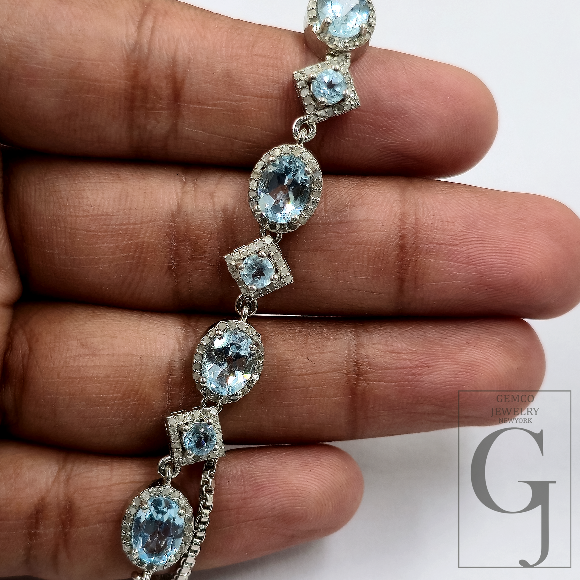 Beautiful Blue Topaz Necklace With Pave Diamonds - Sterling Silver Handmade Finish Jewelry For Her