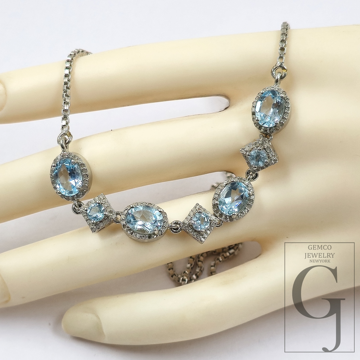 Beautiful Blue Topaz Necklace With Pave Diamonds - Sterling Silver Handmade Finish Jewelry For Her