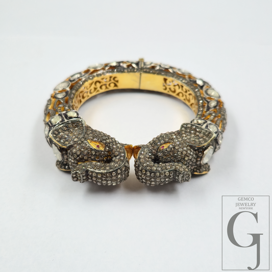 Natural Polki And Rosecut Pave Diamonds Elephant Bracelet | Vermeil Gold Sterling Silver Handmade Jewelry