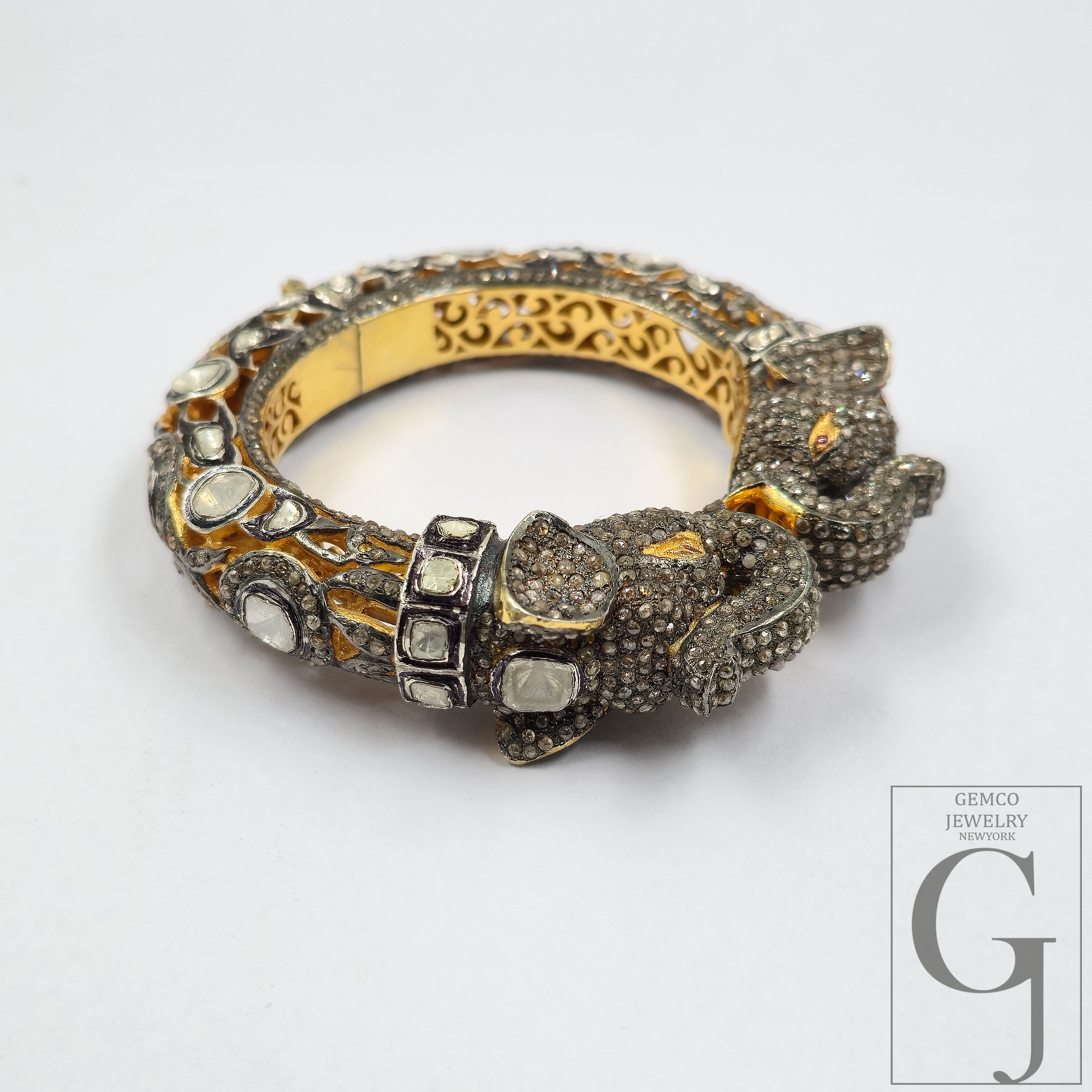 Natural Polki And Rosecut Pave Diamonds Elephant Bracelet | Vermeil Gold Sterling Silver Handmade Jewelry