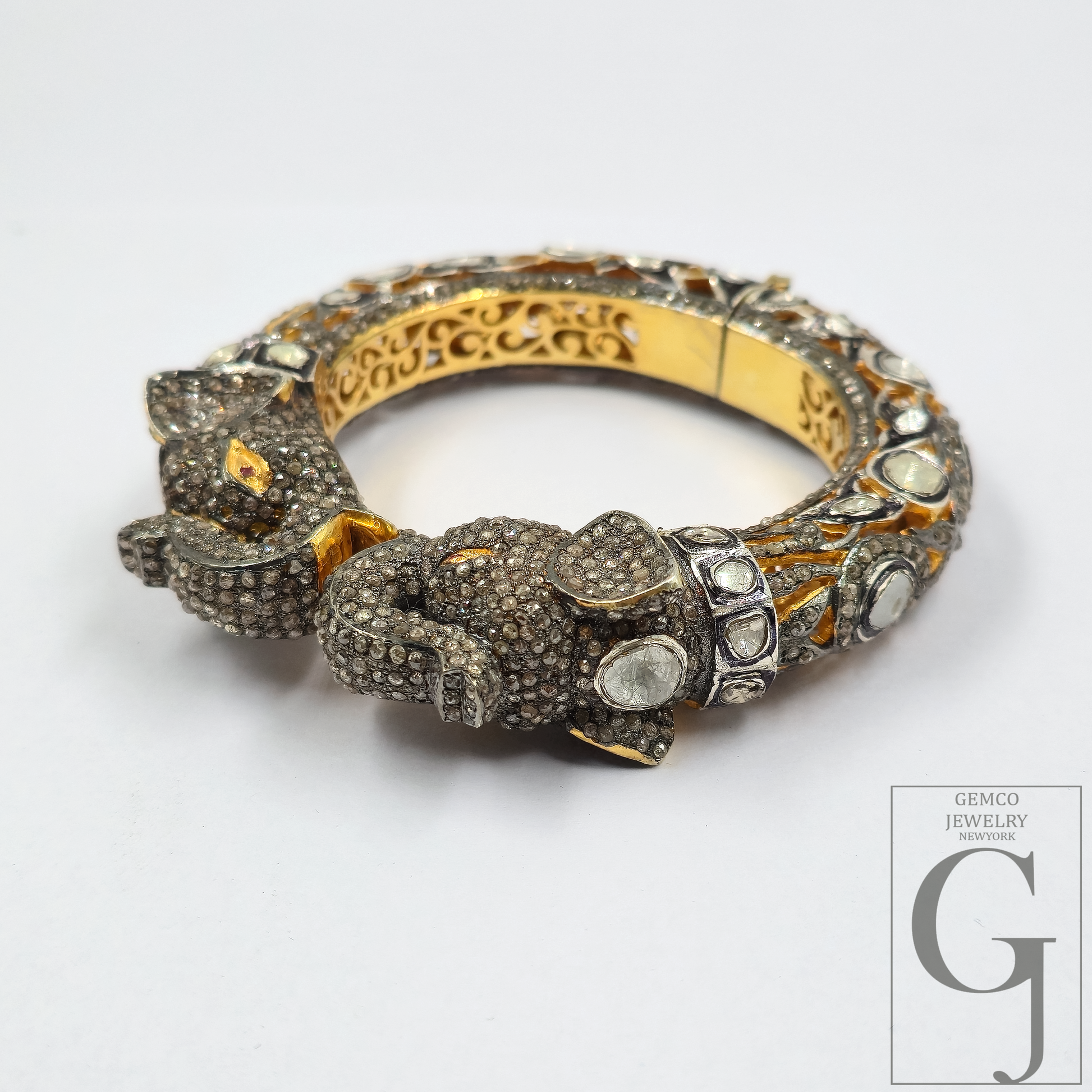 Natural Polki And Rosecut Pave Diamonds Elephant Bracelet | Vermeil Gold Sterling Silver Handmade Jewelry