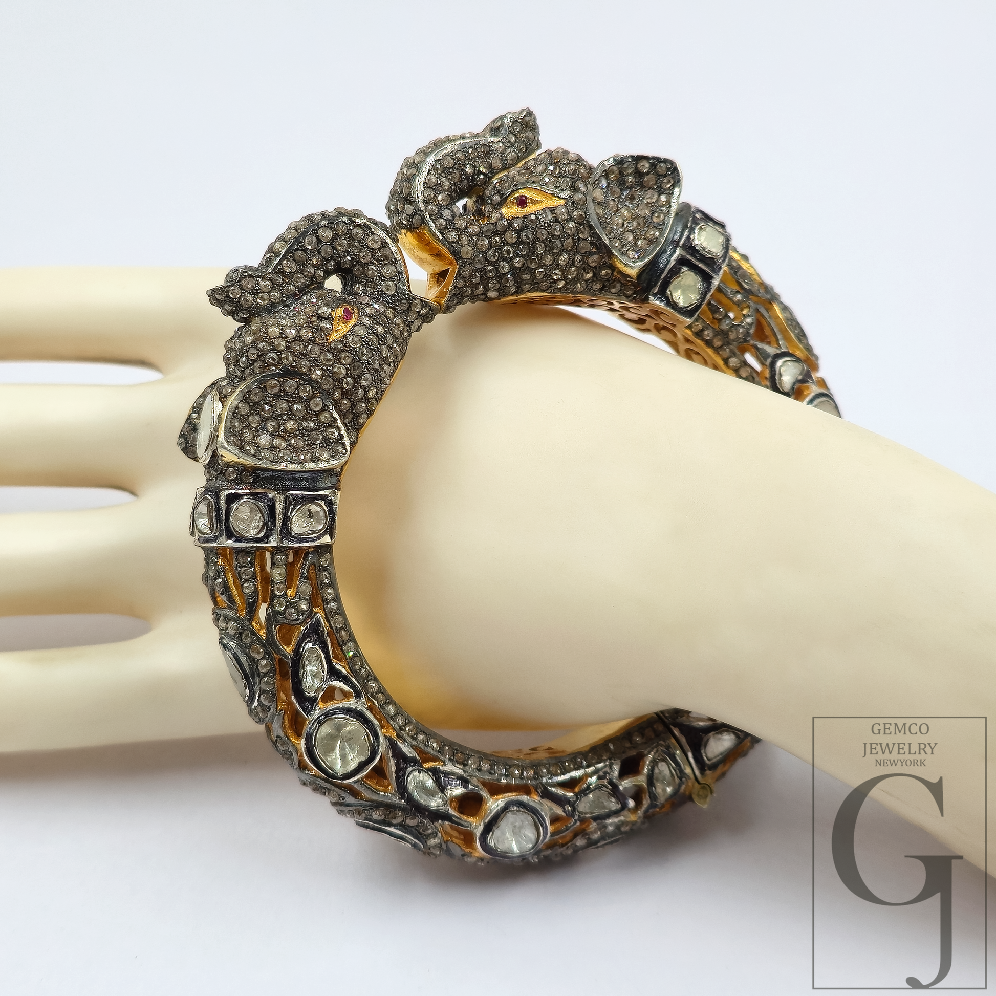 Natural Polki And Rosecut Pave Diamonds Elephant Bracelet | Vermeil Gold Sterling Silver Handmade Jewelry