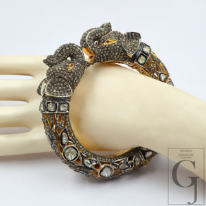 Natural Polki And Rosecut Pave Diamonds Elephant Bracelet | Vermeil Gold Sterling Silver Handmade Jewelry