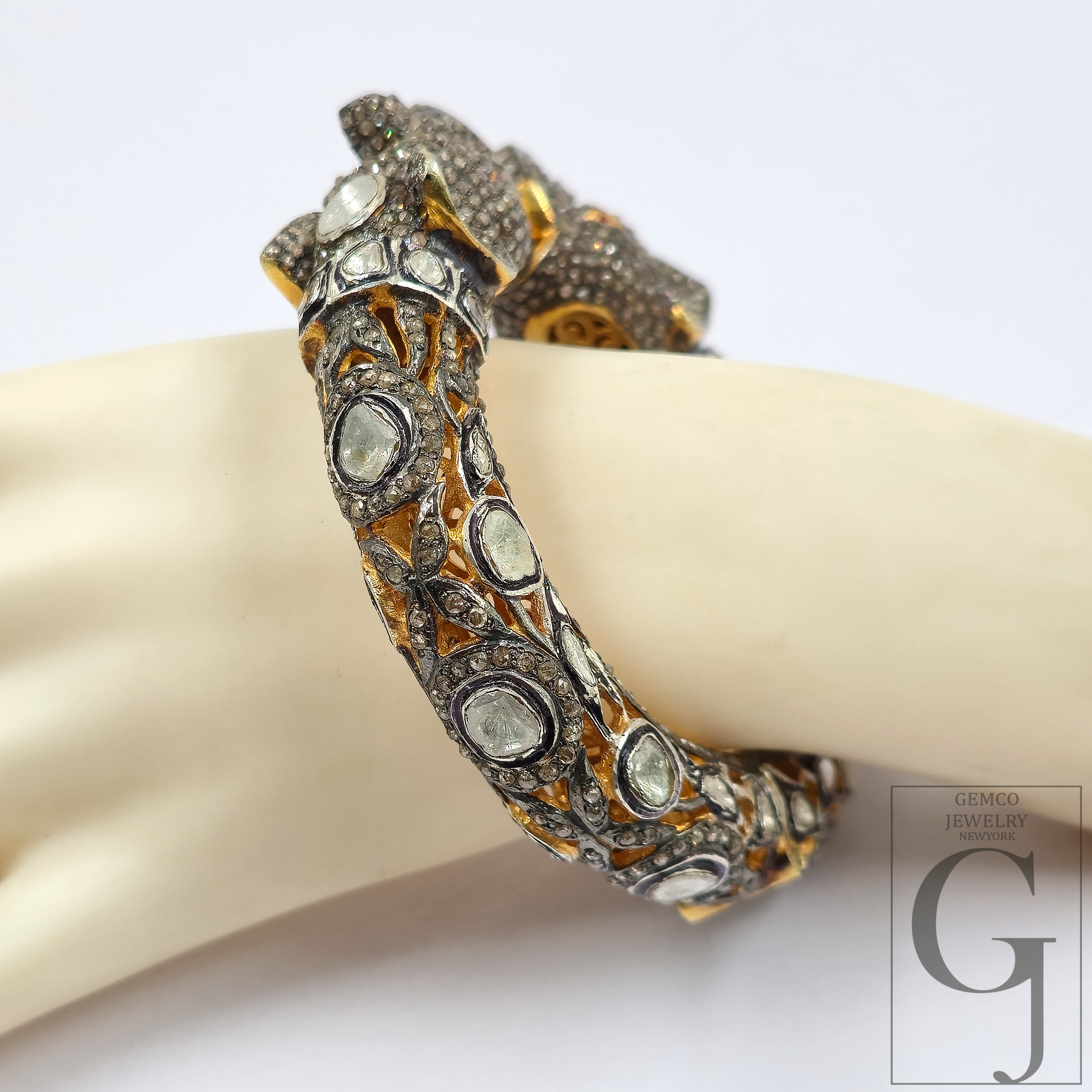 Natural Polki And Rosecut Pave Diamonds Elephant Bracelet | Vermeil Gold Sterling Silver Handmade Jewelry