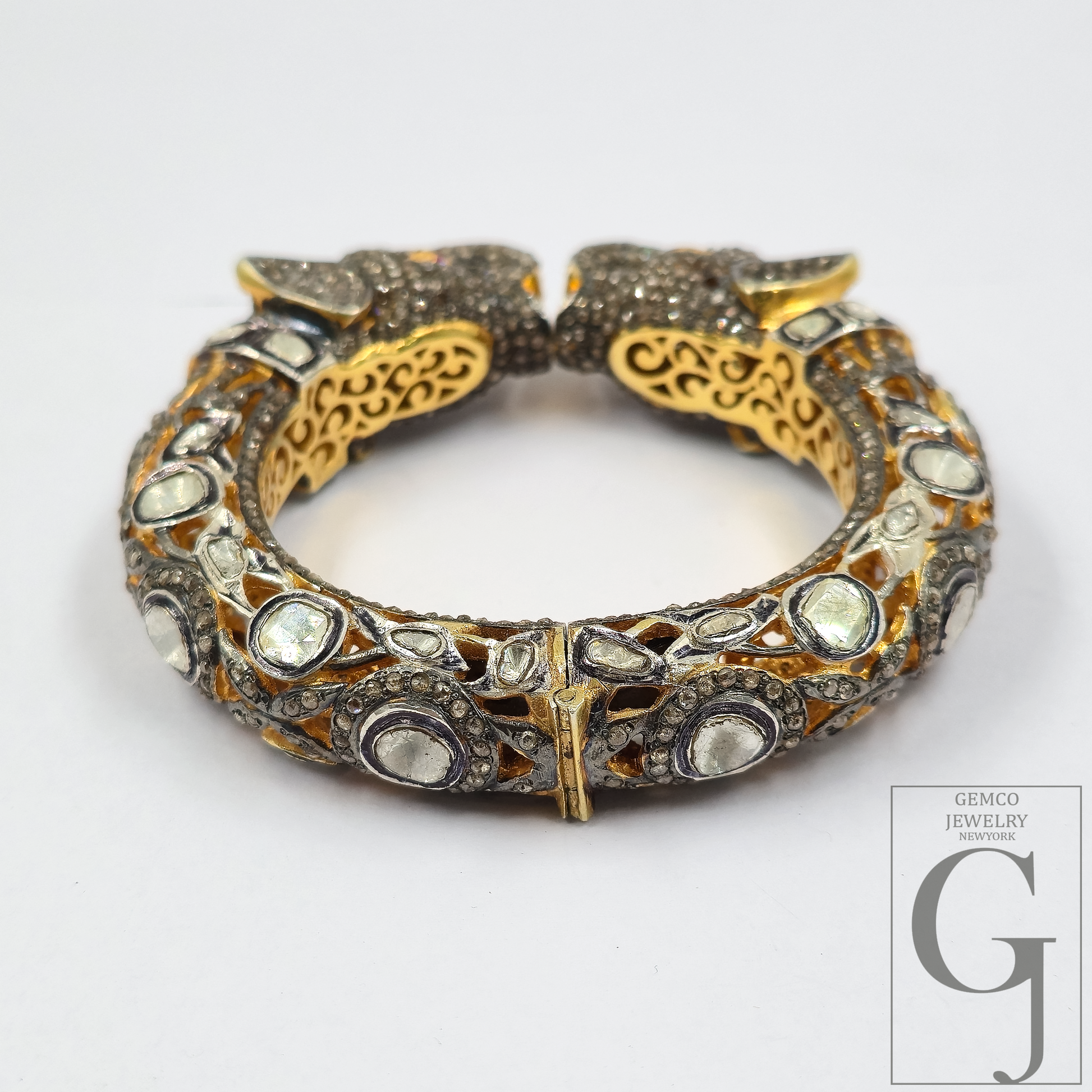 Natural Polki And Rosecut Pave Diamonds Elephant Bracelet | Vermeil Gold Sterling Silver Handmade Jewelry