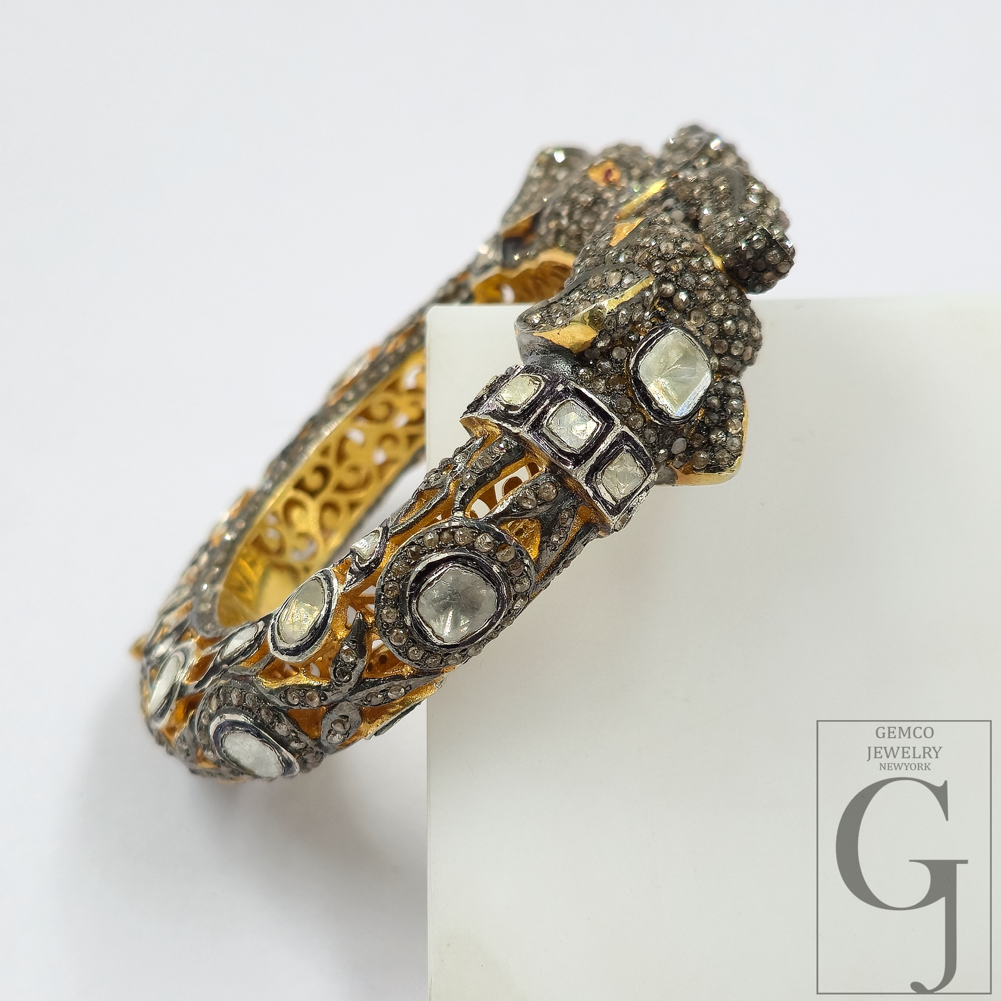 Natural Polki And Rosecut Pave Diamonds Elephant Bracelet | Vermeil Gold Sterling Silver Handmade Jewelry