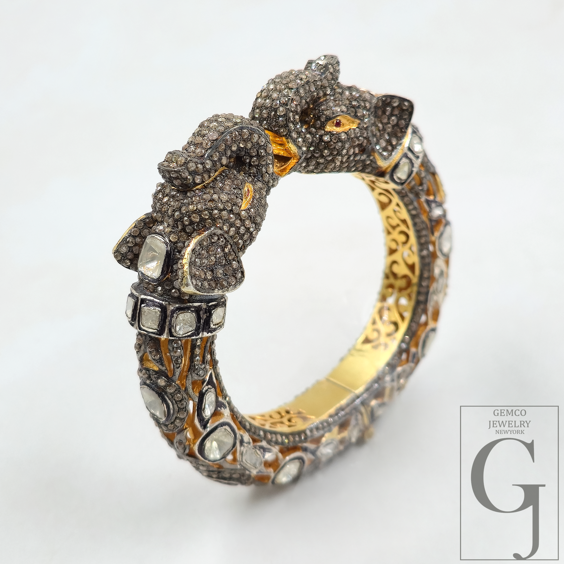 Natural Polki And Rosecut Pave Diamonds Elephant Bracelet | Vermeil Gold Sterling Silver Handmade Jewelry