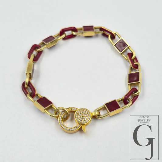 Brown Pearl Enamel Bracelet With Lab Grown Diamonds - Handmade Finish Brass Jewelry Bracelet