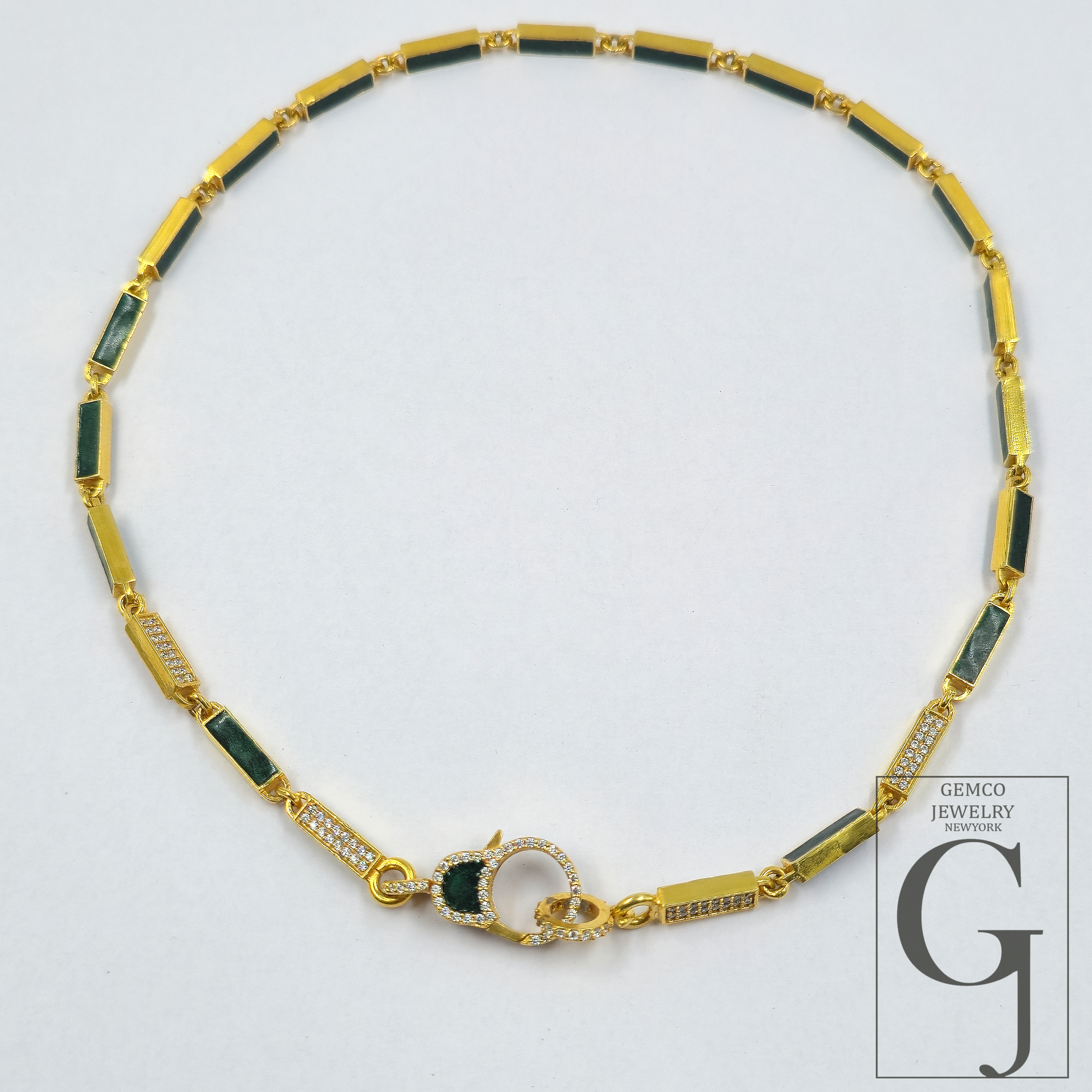 Green Pearl Enamel Necklace With Lab Grown Diamond - Handmade Finish Enamel Brass Jewelry
