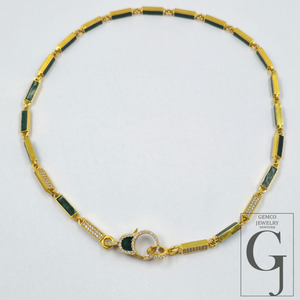 Green Pearl Enamel Necklace With Lab Grown Diamond - Handmade Finish Enamel Brass Jewelry