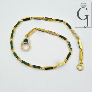 Green Pearl Enamel Necklace With Lab Grown Diamond - Handmade Finish Enamel Brass Jewelry