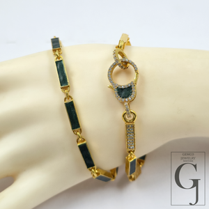 Green Pearl Enamel Necklace With Lab Grown Diamond - Handmade Finish Enamel Brass Jewelry