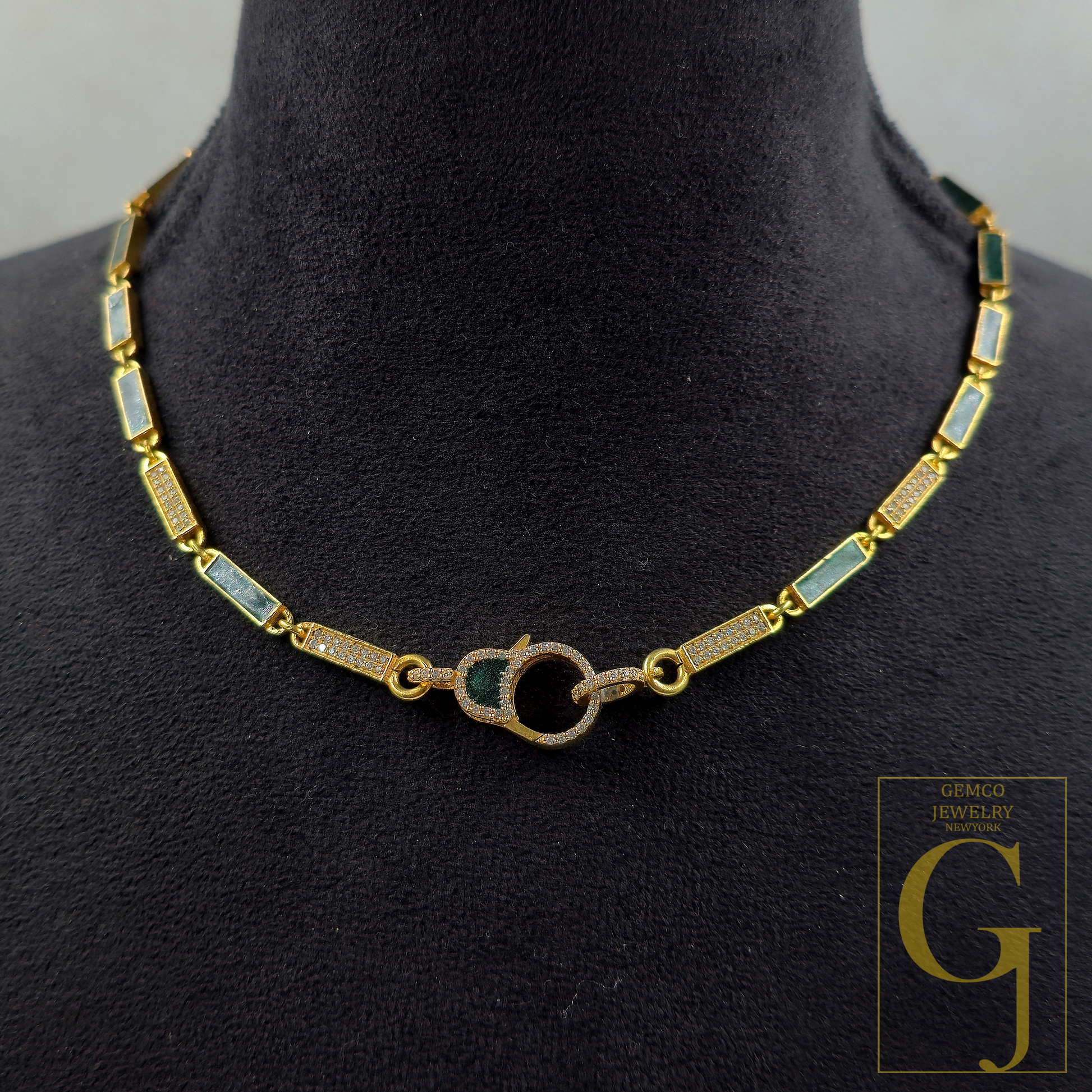 Green Pearl Enamel Necklace With Lab Grown Diamond - Handmade Finish Enamel Brass Jewelry