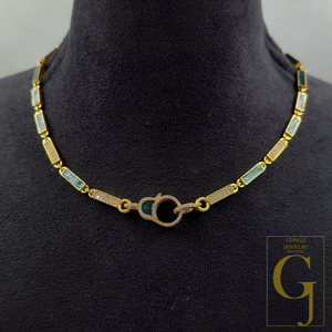 Green Pearl Enamel Necklace With Lab Grown Diamond - Handmade Finish Enamel Brass Jewelry