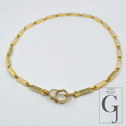 White Pearl Enamel Necklace With Lab Grown Diamonds In Brass Handmade Finish Jewelry Necklace