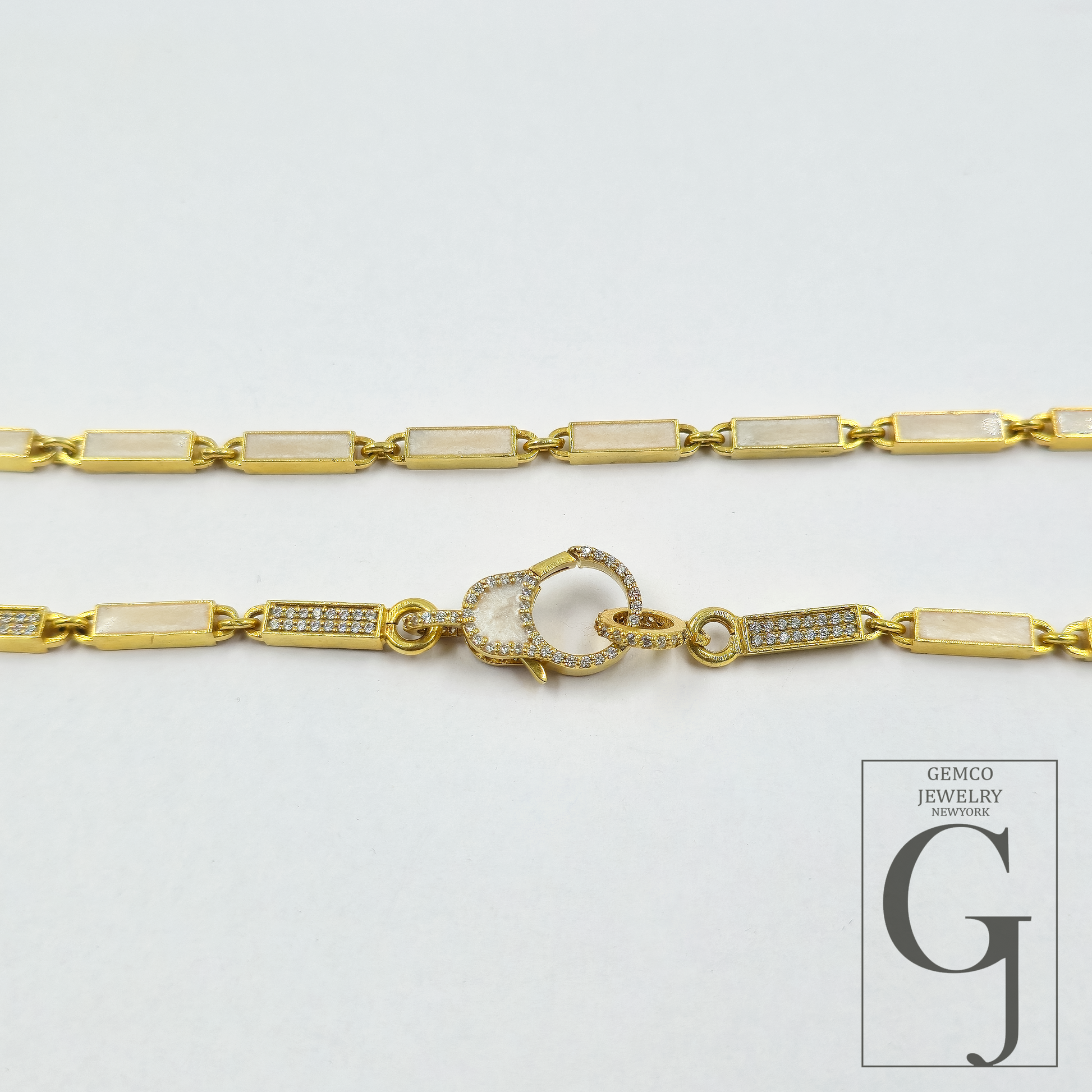White Pearl Enamel Necklace With Lab Grown Diamonds In Brass Handmade Finish Jewelry Necklace
