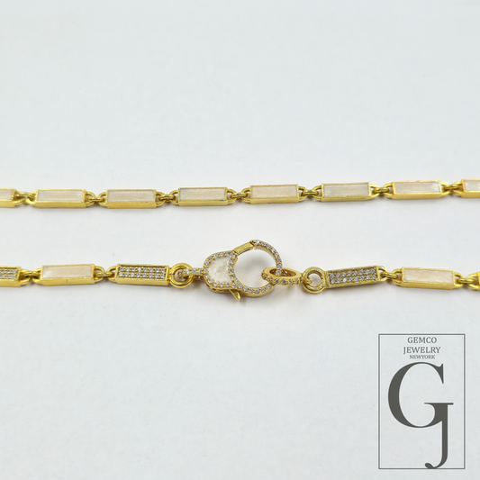 White Pearl Enamel Necklace With Lab Grown Diamonds In Brass Handmade Finish Jewelry Necklace