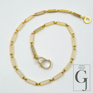 White Pearl Enamel Necklace With Lab Grown Diamonds In Brass Handmade Finish Jewelry Necklace