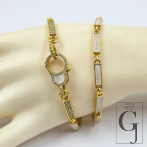 White Pearl Enamel Necklace With Lab Grown Diamonds In Brass Handmade Finish Jewelry Necklace