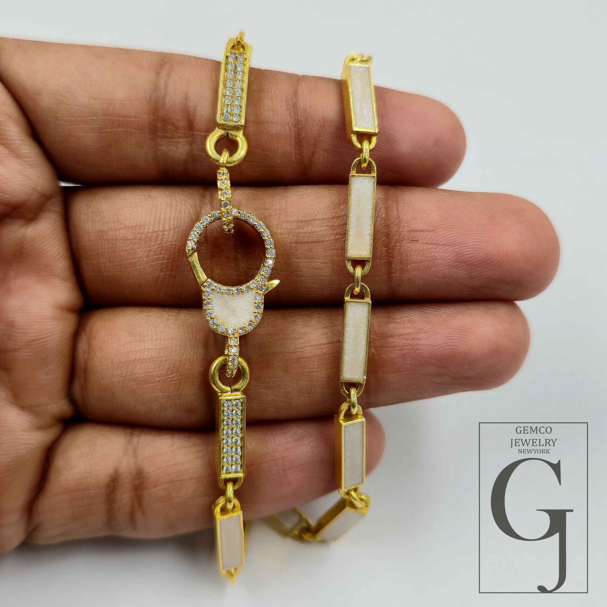 White Pearl Enamel Necklace With Lab Grown Diamonds In Brass Handmade Finish Jewelry Necklace