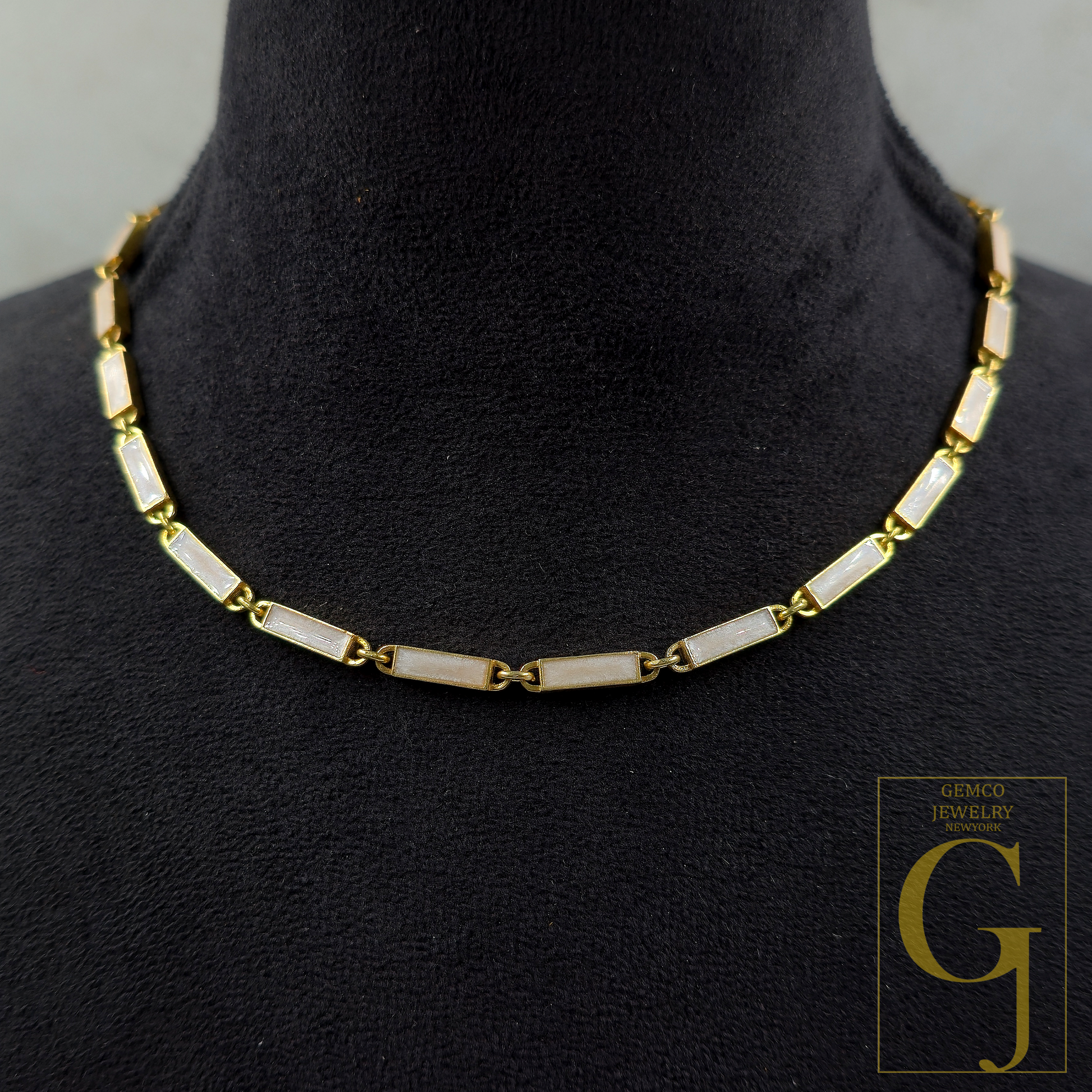 White Pearl Enamel Necklace With Lab Grown Diamonds In Brass Handmade Finish Jewelry Necklace