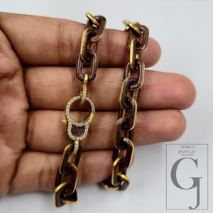 Amazing Brown Pearl Enamel Necklace With Lab Grown Diamonds - Brass Jewelry Handmade Finish Jewelry