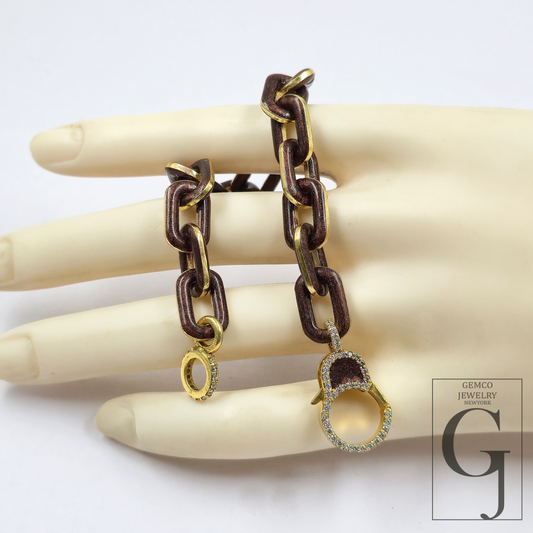 One Of A Kind Brown Pearl Enamel Bracelet - Lab Grown Diamonds Brass Necklace Handmade Finish Jewelry For Her