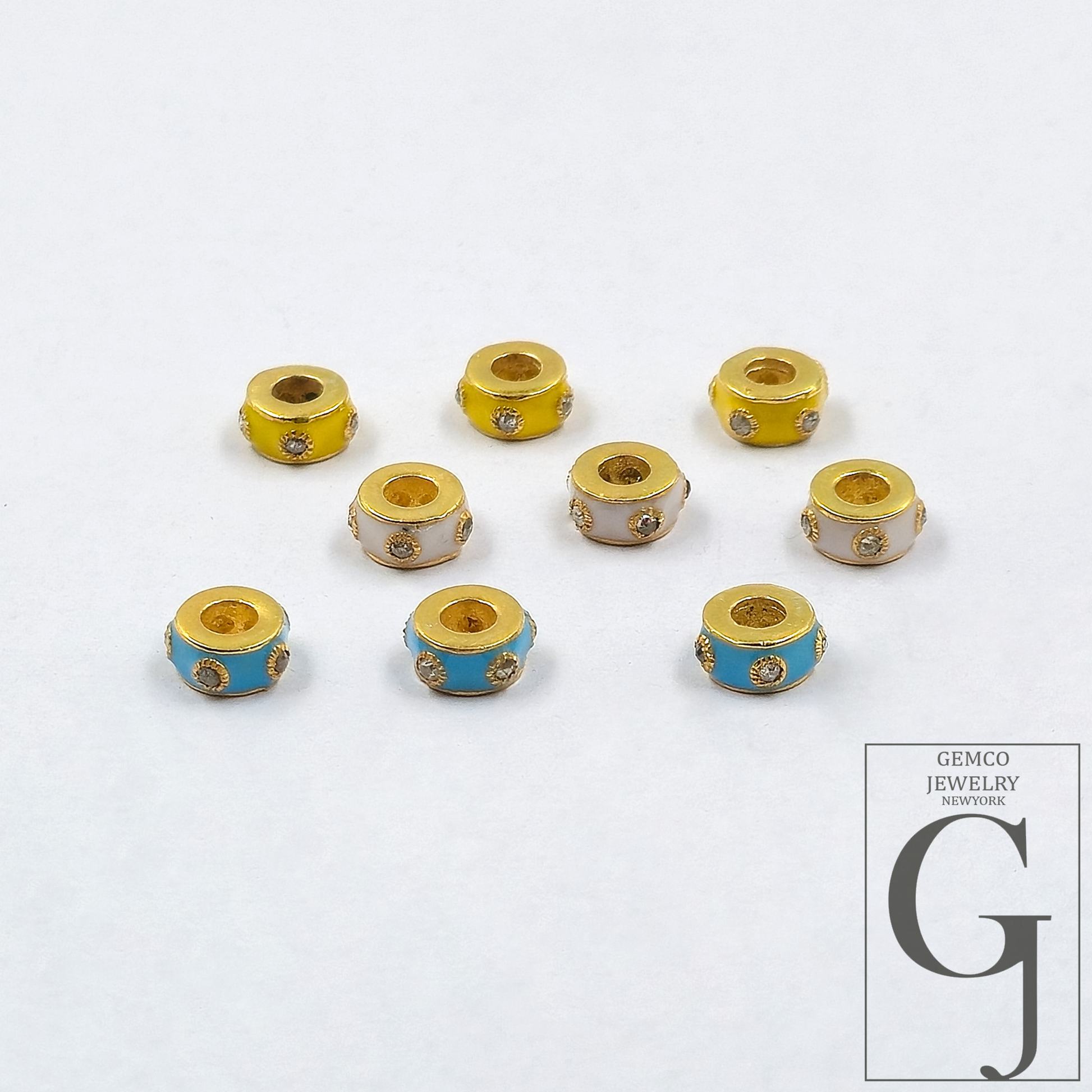 Multi Color Enamel Beads With Rosecut Pave Diamonds - 925 Sterling Silver Designer 6mm Beads For Jewelry Supplies