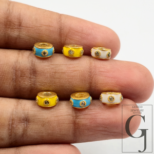 Multi Color Enamel Beads With Rosecut Pave Diamonds - 925 Sterling Silver Designer 6mm Beads For Jewelry Supplies