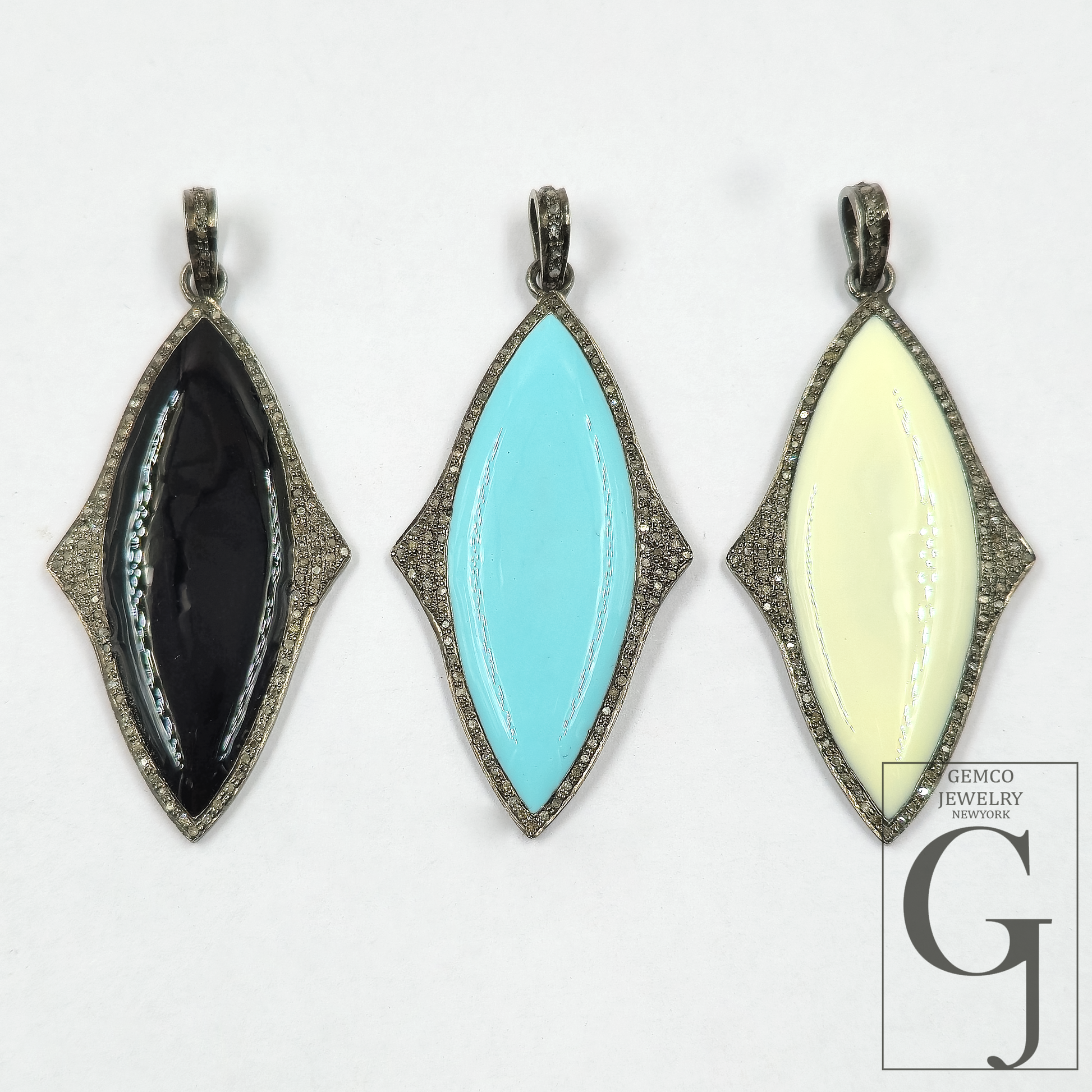 One Of A Kind Enamel Pendants With Rosecut Pave Diamonds - Sterling Silver Handmade Finish Enamel Jewelry