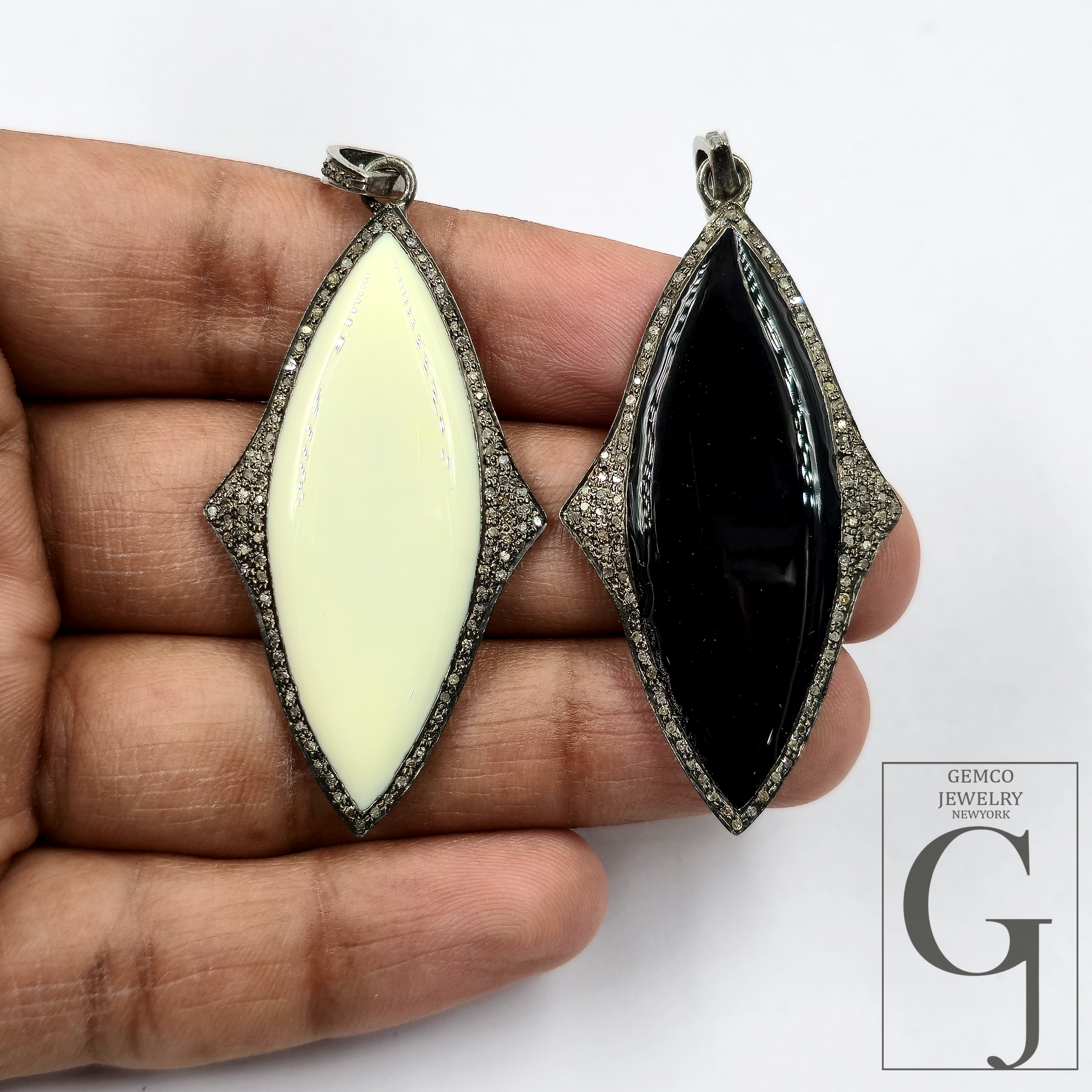 One Of A Kind Enamel Pendants With Rosecut Pave Diamonds - Sterling Silver Handmade Finish Enamel Jewelry