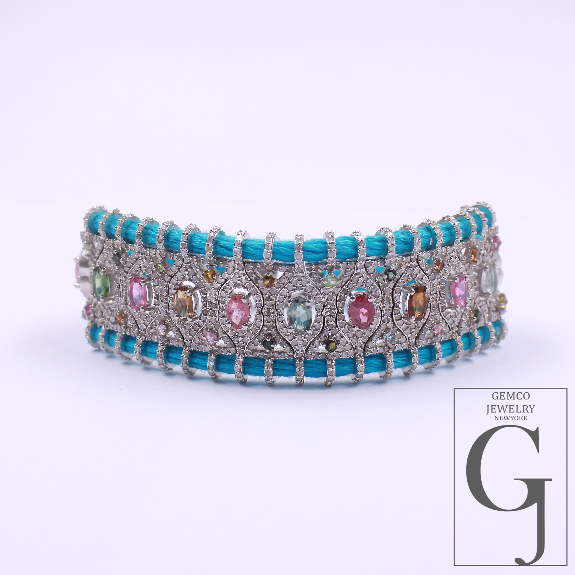 Natural Multi Tourmaline Thread Bracelet With Pave Diamonds - 925 Sterling Silver Handmade Finish Blue Thread Bracelet
