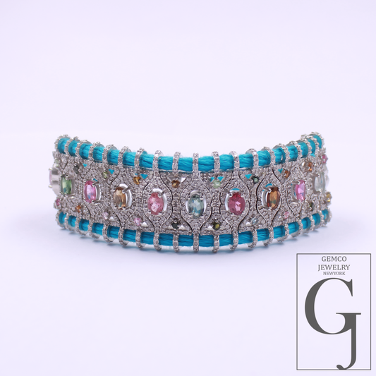 Natural Multi Tourmaline Thread Bracelet With Pave Diamonds - 925 Sterling Silver Handmade Finish Blue Thread Bracelet