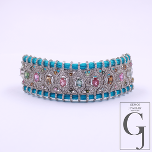 Natural Multi Tourmaline Thread Bracelet With Pave Diamonds - 925 Sterling Silver Handmade Finish Blue Thread Bracelet