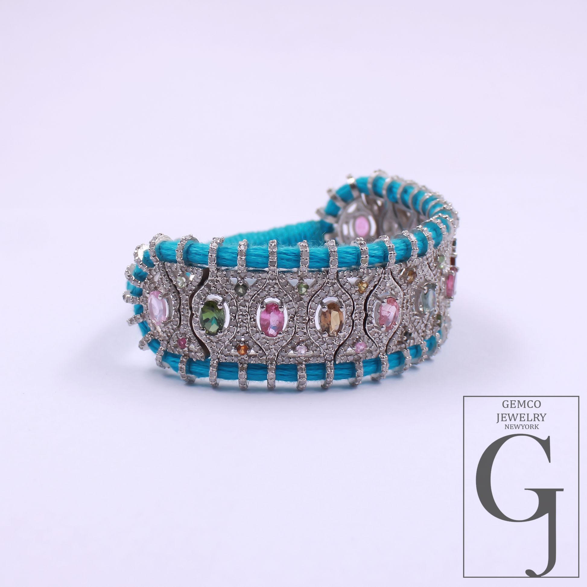 Natural Multi Tourmaline Thread Bracelet With Pave Diamonds - 925 Sterling Silver Handmade Finish Blue Thread Bracelet