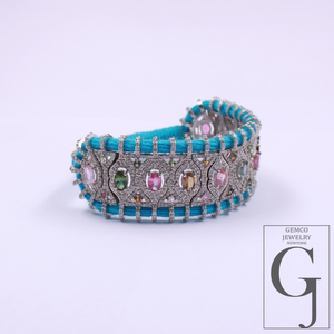 Natural Multi Tourmaline Thread Bracelet With Pave Diamonds - 925 Sterling Silver Handmade Finish Blue Thread Bracelet