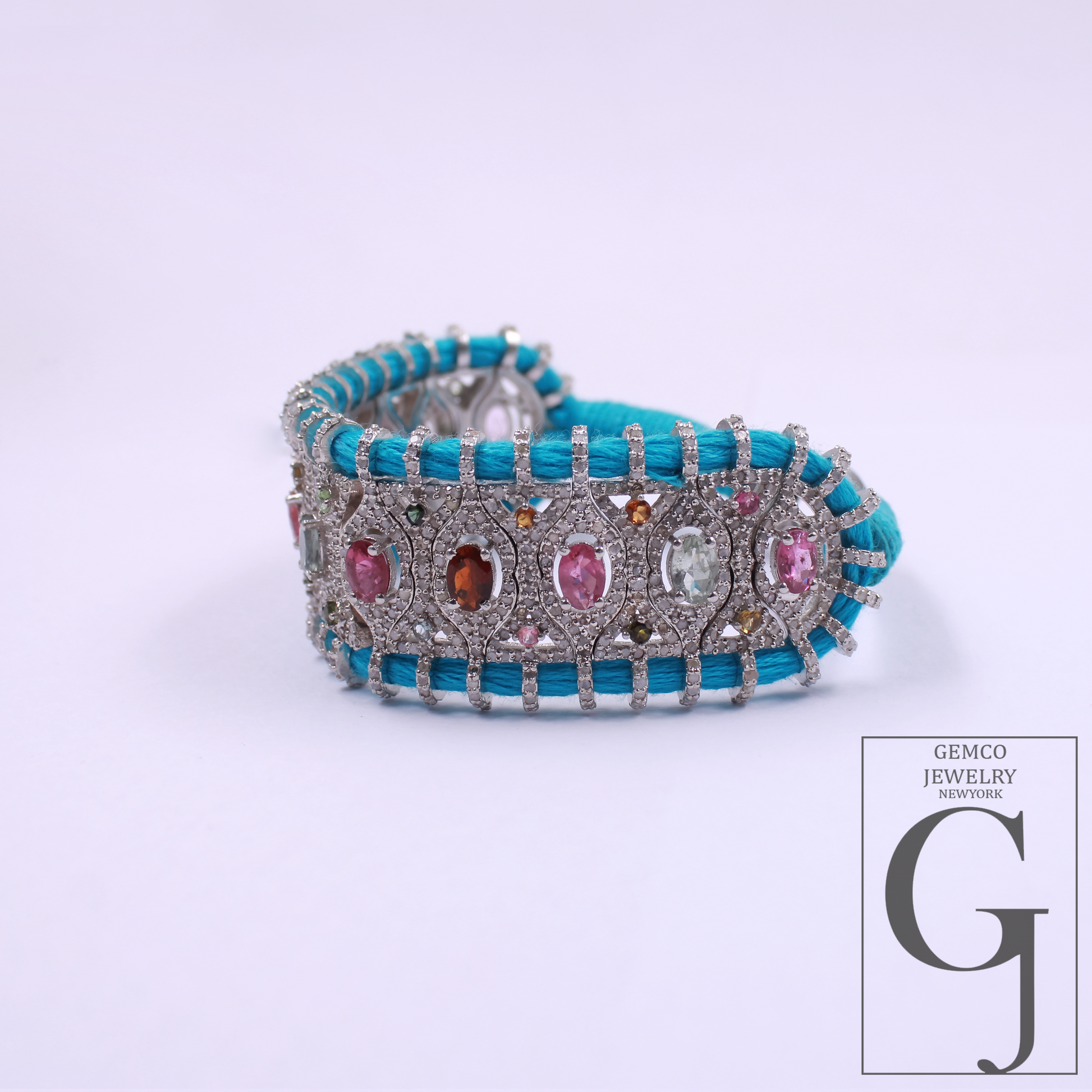 Natural Multi Tourmaline Thread Bracelet With Pave Diamonds - 925 Sterling Silver Handmade Finish Blue Thread Bracelet