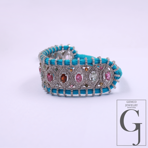 Natural Multi Tourmaline Thread Bracelet With Pave Diamonds - 925 Sterling Silver Handmade Finish Blue Thread Bracelet