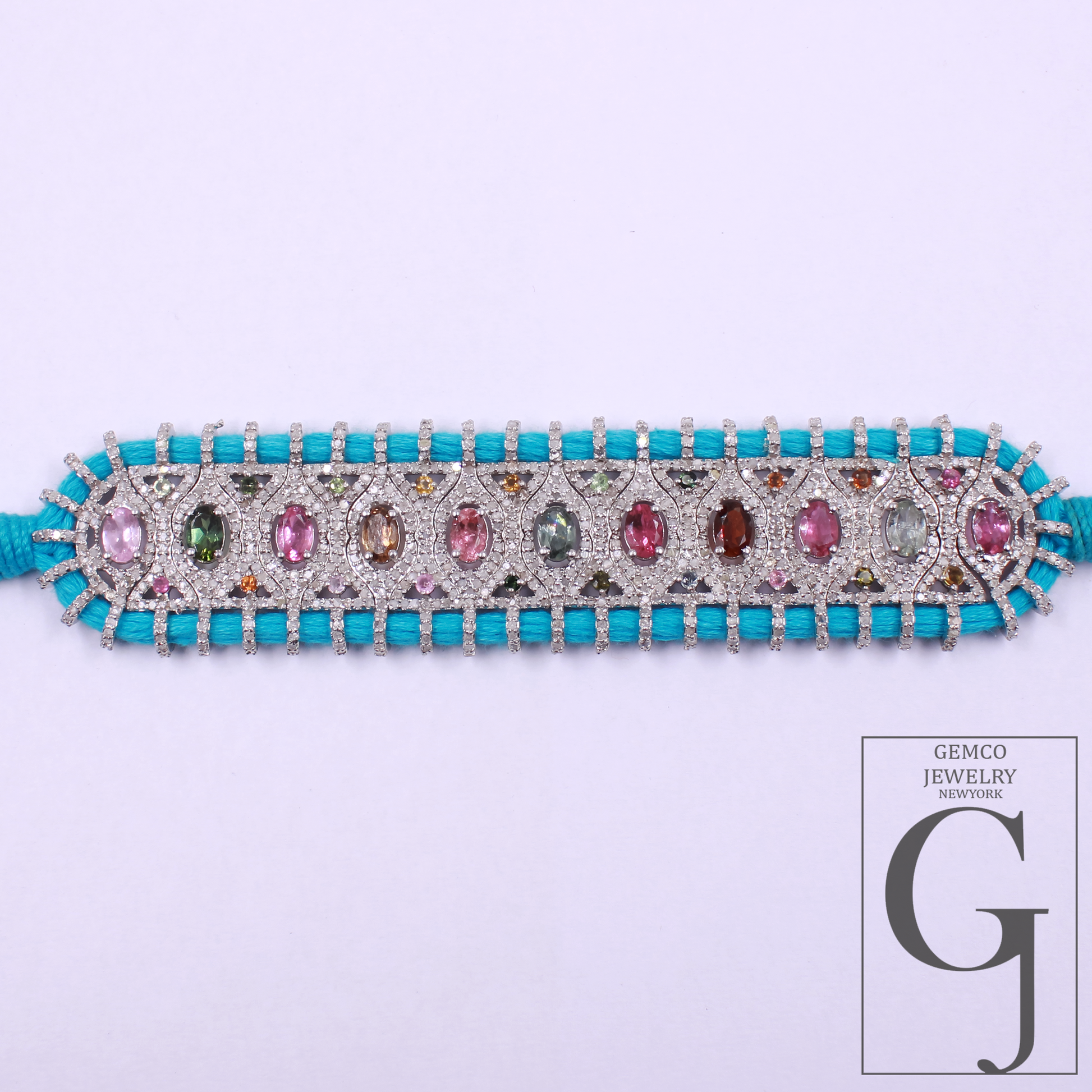 Natural Multi Tourmaline Thread Bracelet With Pave Diamonds - 925 Sterling Silver Handmade Finish Blue Thread Bracelet