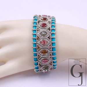 Natural Multi Tourmaline Thread Bracelet With Pave Diamonds - 925 Sterling Silver Handmade Finish Blue Thread Bracelet