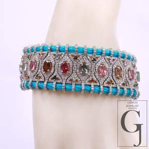 Natural Multi Tourmaline Thread Bracelet With Pave Diamonds - 925 Sterling Silver Handmade Finish Blue Thread Bracelet