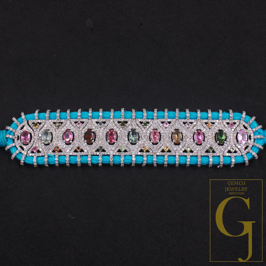 Natural Multi Tourmaline Thread Bracelet With Pave Diamonds - 925 Sterling Silver Handmade Finish Blue Thread Bracelet