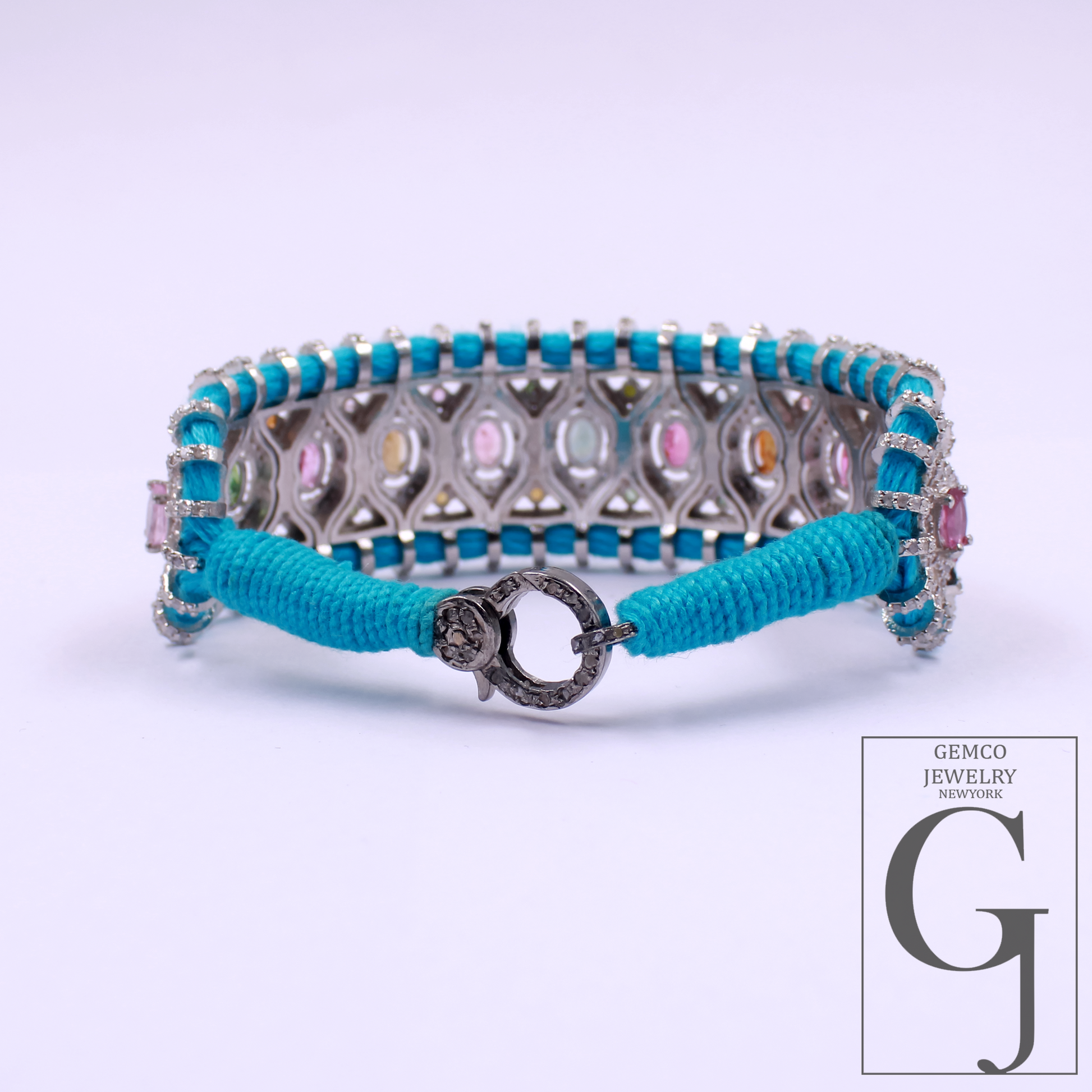 Natural Multi Tourmaline Thread Bracelet With Pave Diamonds - 925 Sterling Silver Handmade Finish Blue Thread Bracelet