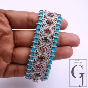 Natural Multi Tourmaline Thread Bracelet With Pave Diamonds - 925 Sterling Silver Handmade Finish Blue Thread Bracelet