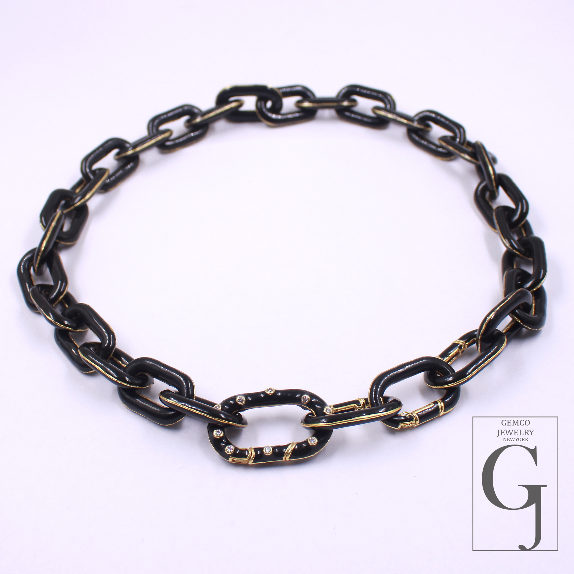 Designer Black Enamel Necklace With Lab Grown Diamonds - Brass Jewelry Handmade Finish Jewelry